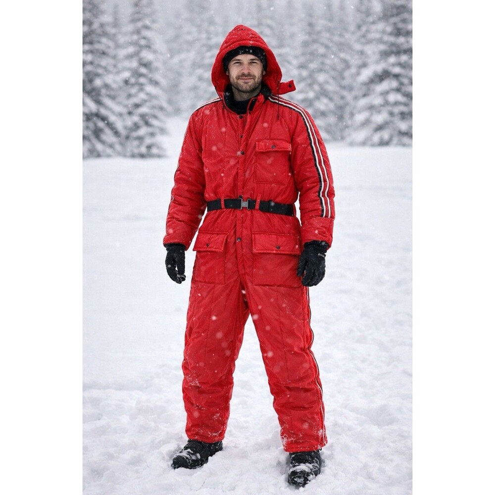 Vintage Skagway Red One Piece Snowsuit Hooded Belted Ski Snowmobile USA Men Sz L